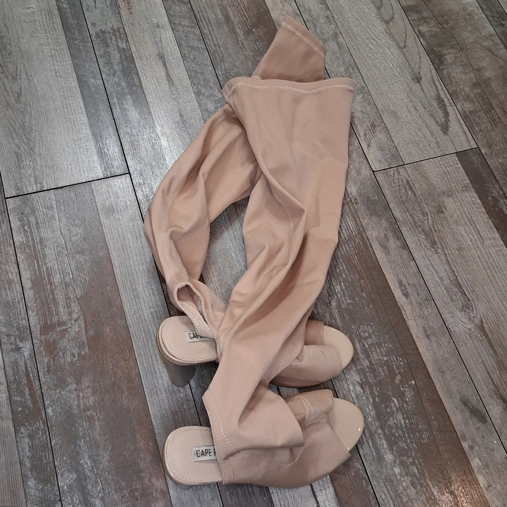 CAPE ROBBIN Connie Tan Thigh High Sock Peep Toe Y2K Block Heel Boots Size 8.5